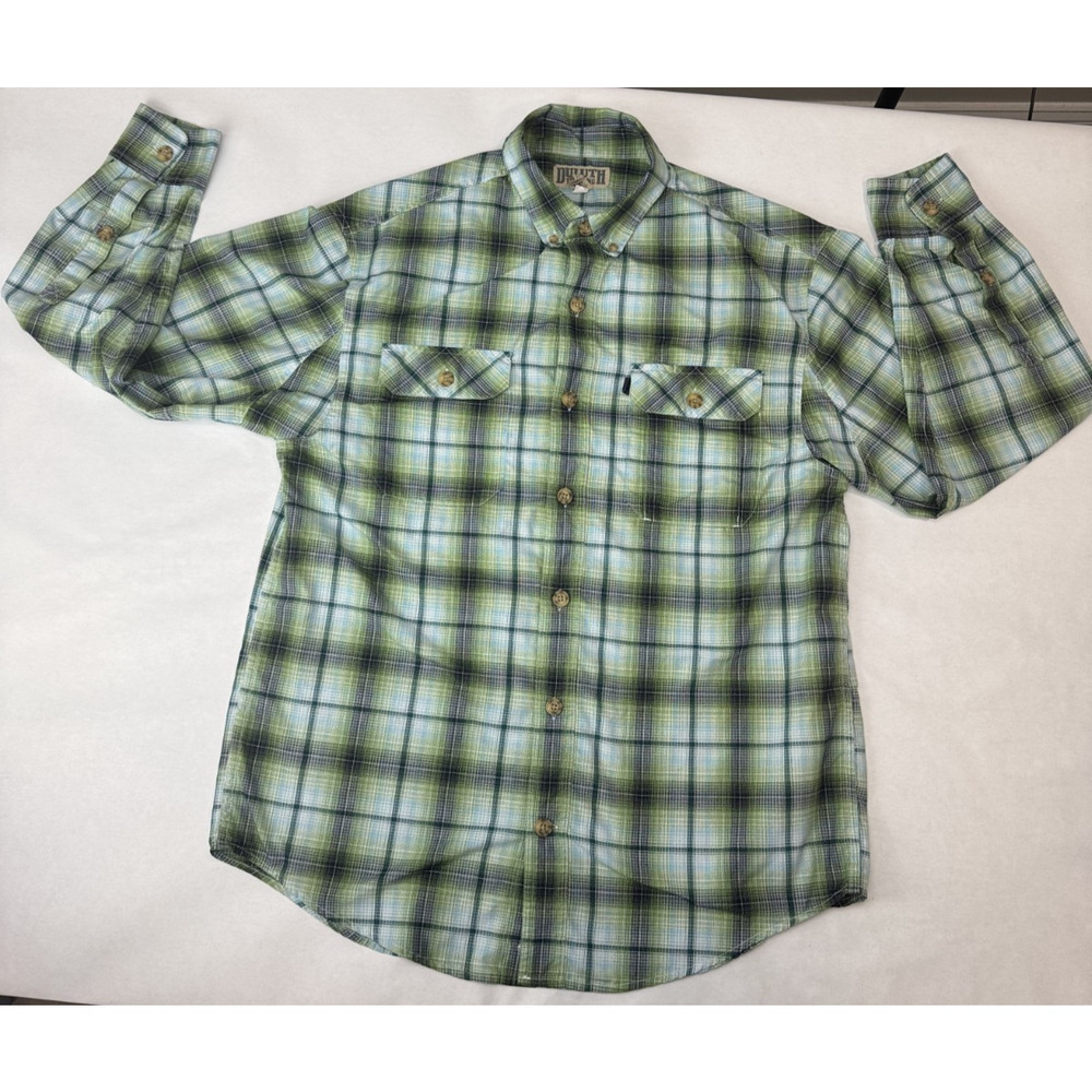 Duluth Trading Conpany Plaid Button Shirt Green Blue Locker Loop Tabbed Medium